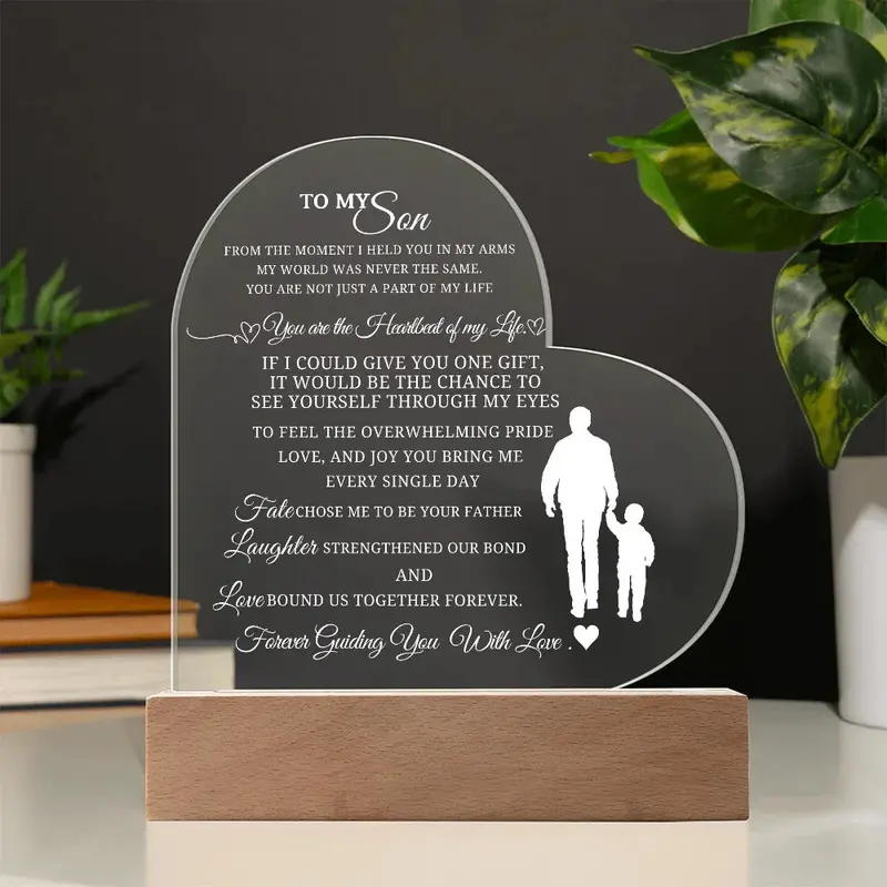 Best Gift From Father To Son. Acrylic Heart Plaque With Led Light Base 1