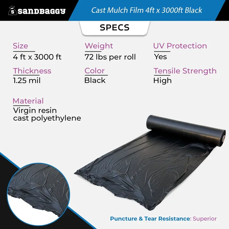 Black Cast Mulch Film Roll – 4 Ft X 3000 Ft, 1.25 Mil | High-Yield Garden Plastic Mulch 2