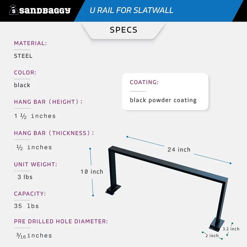 Black U Rail For Slatwall - 24" X 10" 2