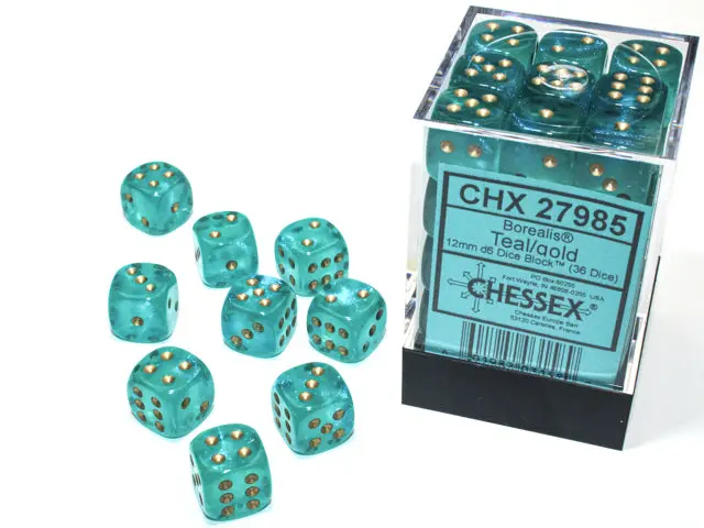 Borealis® 12Mm D6 Teal/Gold Luminary™ Dice Block™ (36 Dice) 1