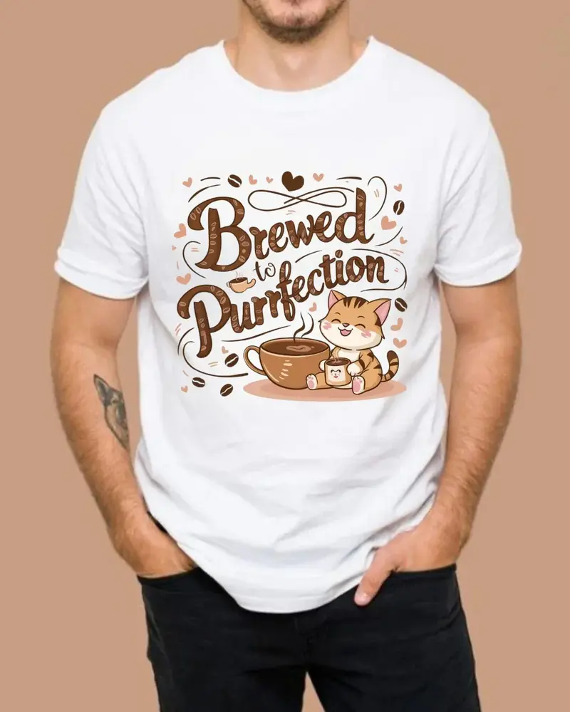 Brewed To Purrfection Coffee Cotton T-Shirt 4