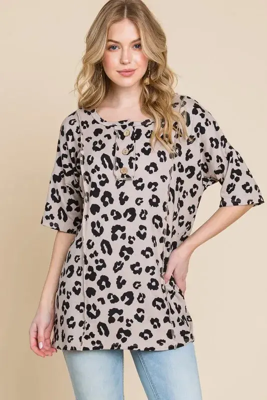 Button Detail Exposed Seam Leopard Half Sleeve Top 1