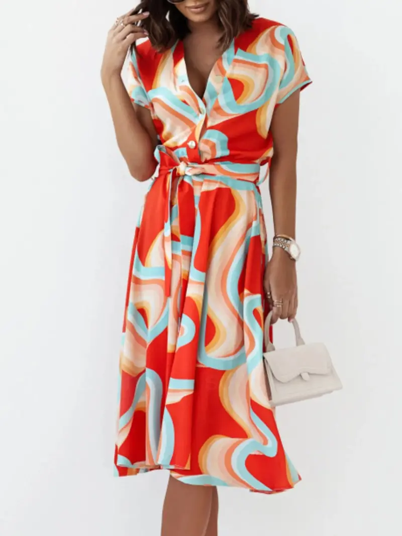Button-Front Printed Midi Dress with Removable Belt