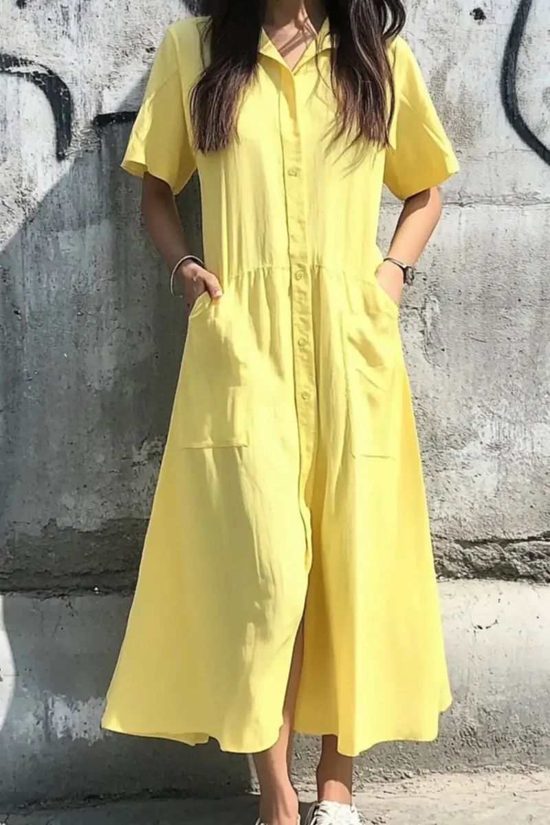 Button Front Short Sleeve Midi Dress 1