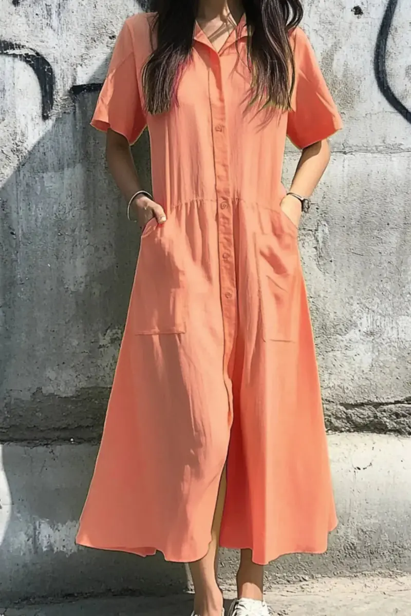 Button Front Short Sleeve Midi Dress 11