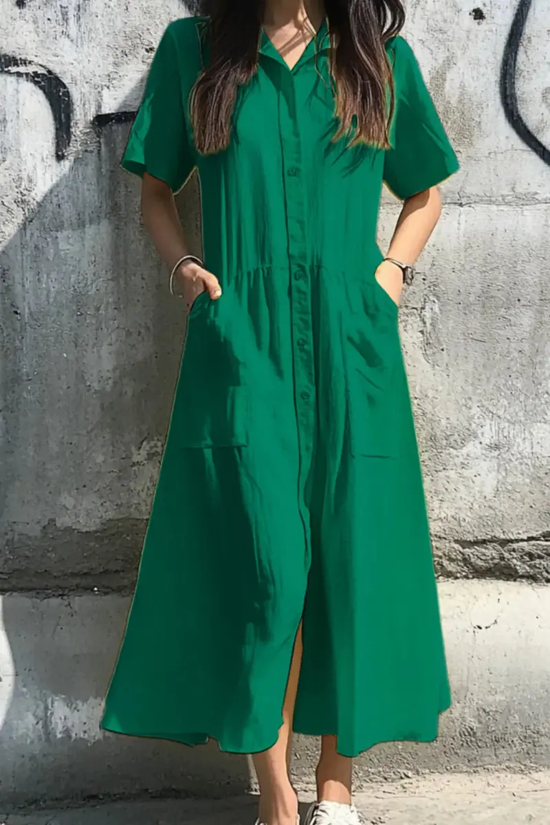 Button-Front Short Sleeve Midi Dress
