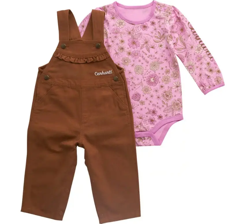 Carhartt Girls' Long Sleeve Floral Bodysuit + Overall Set 1