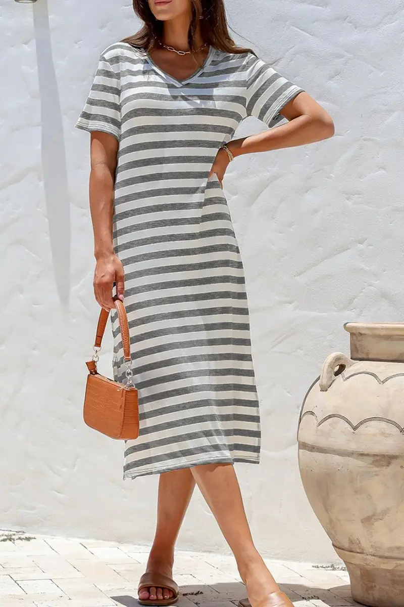 Casual Striped V-Neck Midi T-Shirt Dress 1