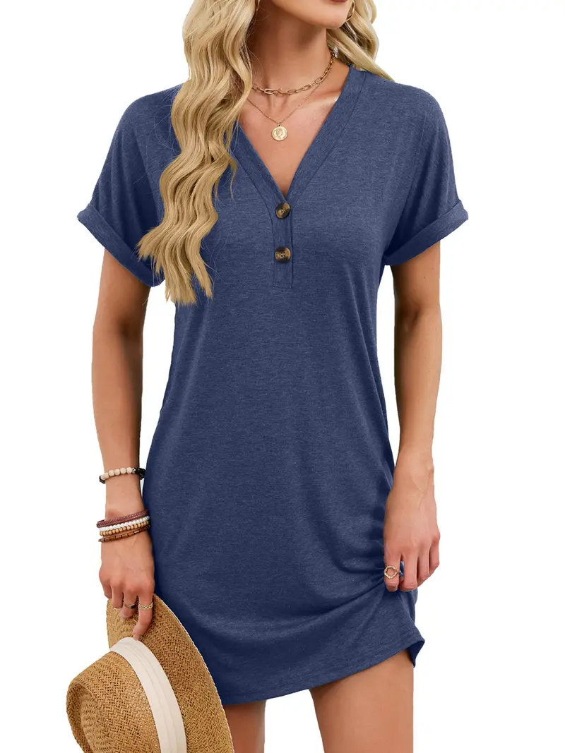 Casual V-Neck Short Sleeve T-Shirt Dress 1