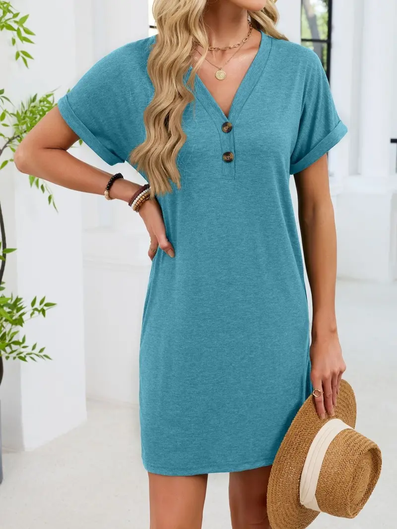 Casual V-Neck Short Sleeve T-Shirt Dress 11