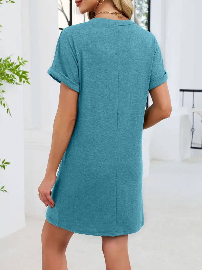 Casual V-Neck Short Sleeve T-Shirt Dress 14