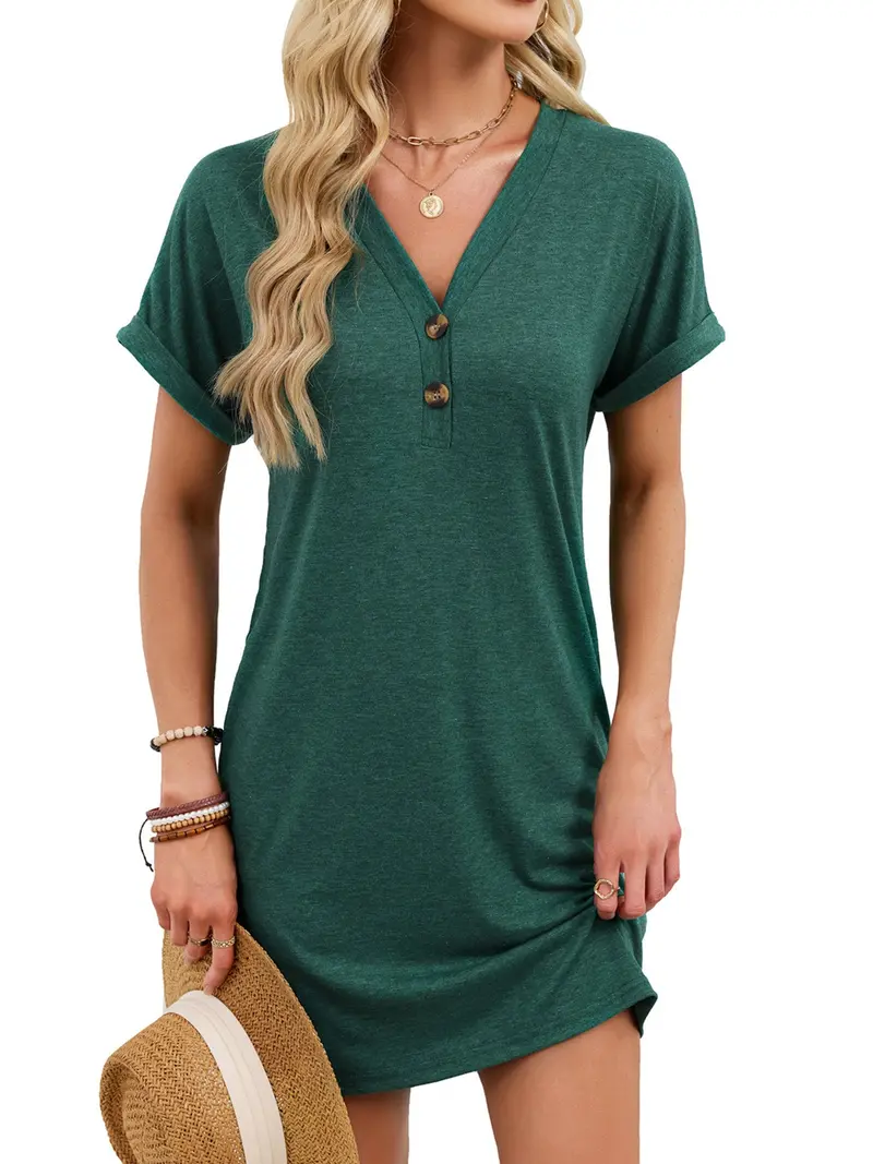 Casual V-Neck Short Sleeve T-Shirt Dress 16