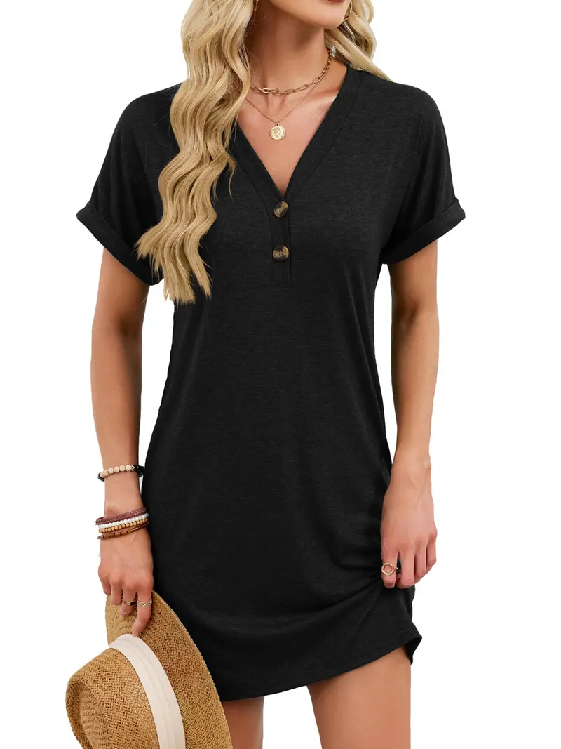 Casual V-Neck Short Sleeve T-Shirt Dress 6