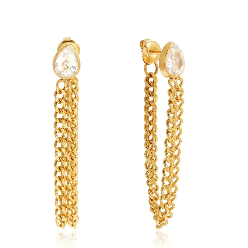 Chain Tassel Titanium Steel Zircon Earrings 1