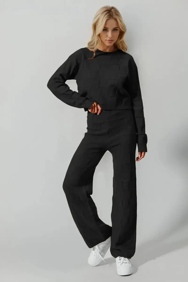Checkered Round-Neck Top and Coordinating Pants Set