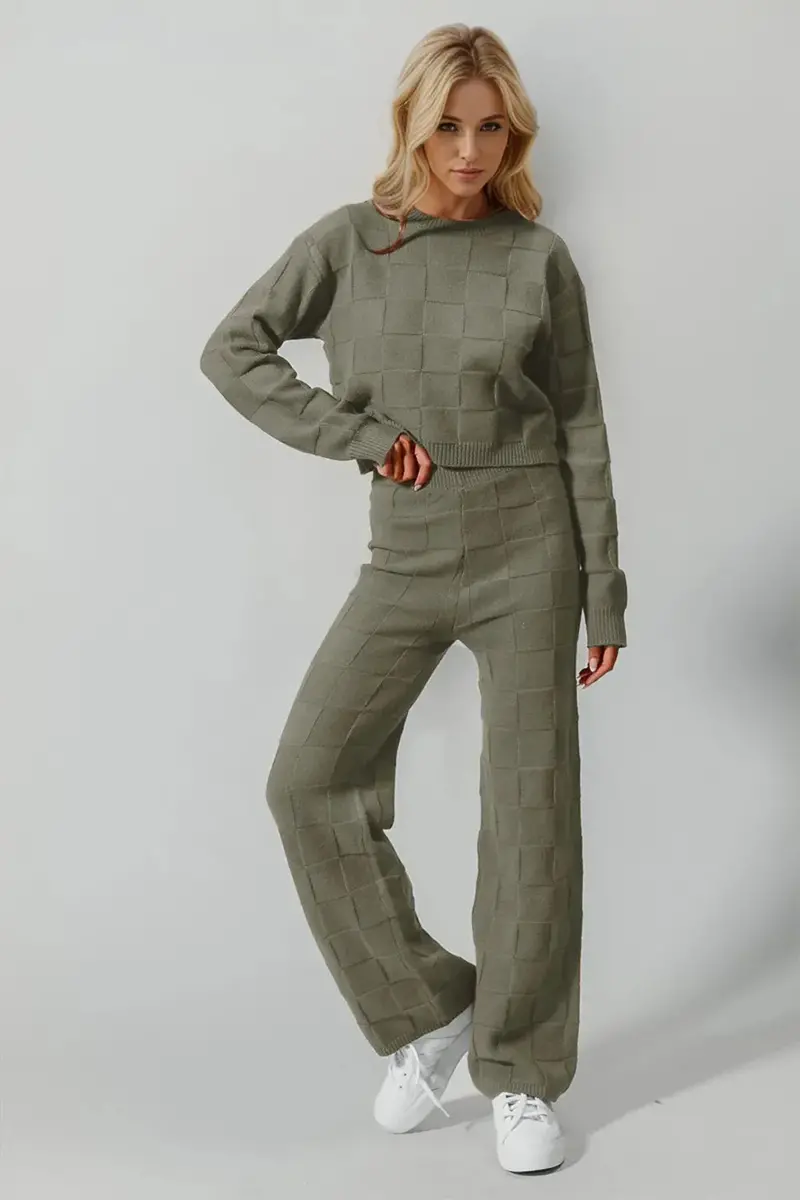 Checkered Round-Neck Top and Coordinating Pants Set