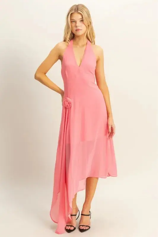 Chiffon Halter Asymmetrical Hem Dress 1