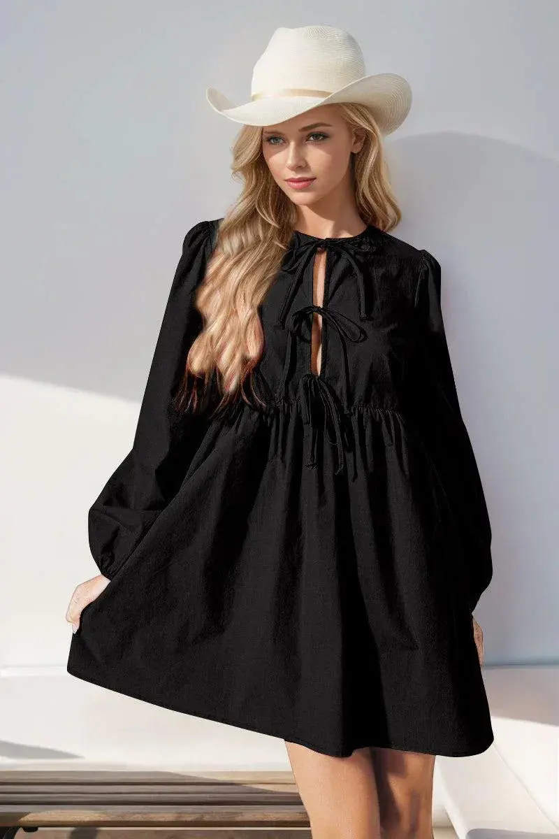 Christmas-Themed Front-Tied Long Sleeve Mini Dress