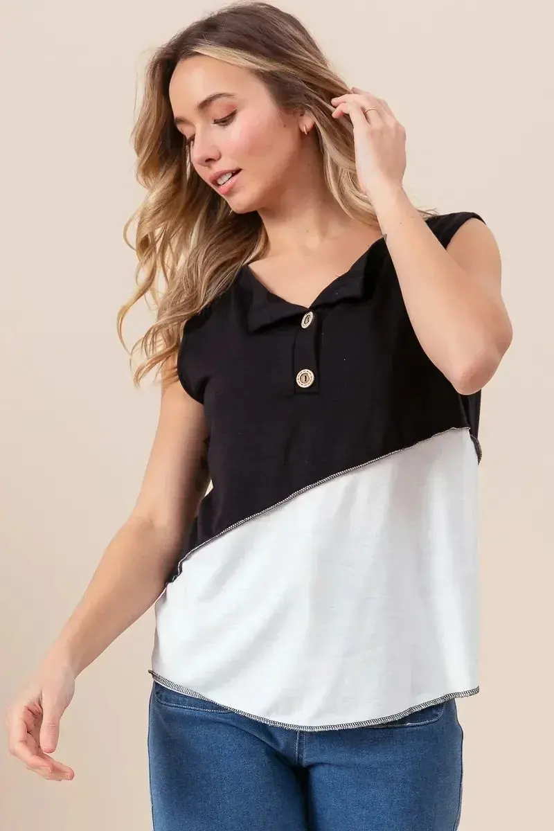 Color Block Contrast Stitching Buttoned Henley Top 1