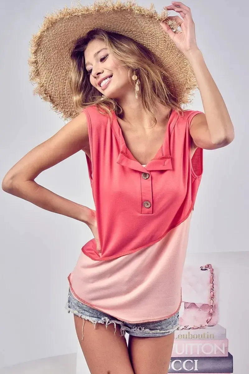 Color Block Contrast Stitching Buttoned Henley Top 3