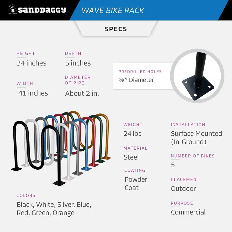 Commercial Wave Bike Racks - In Ground, Dual Loop - 5 Bike Capacity 2