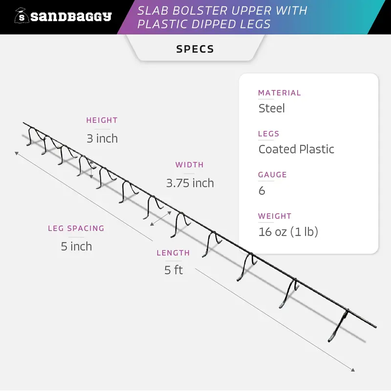 Concrete Plain Slab Bolster Upper With Gray Plastic Coated Legs - Continuous Rebar Chairs (5" X 5 Ft X 3") 2