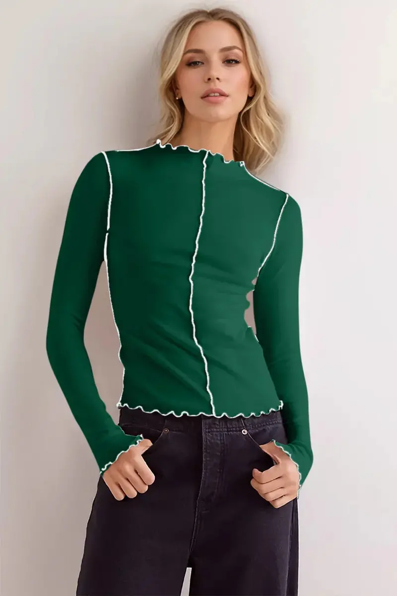 Contrast Trim Mock Neck Long Sleeve T-Shirt 10