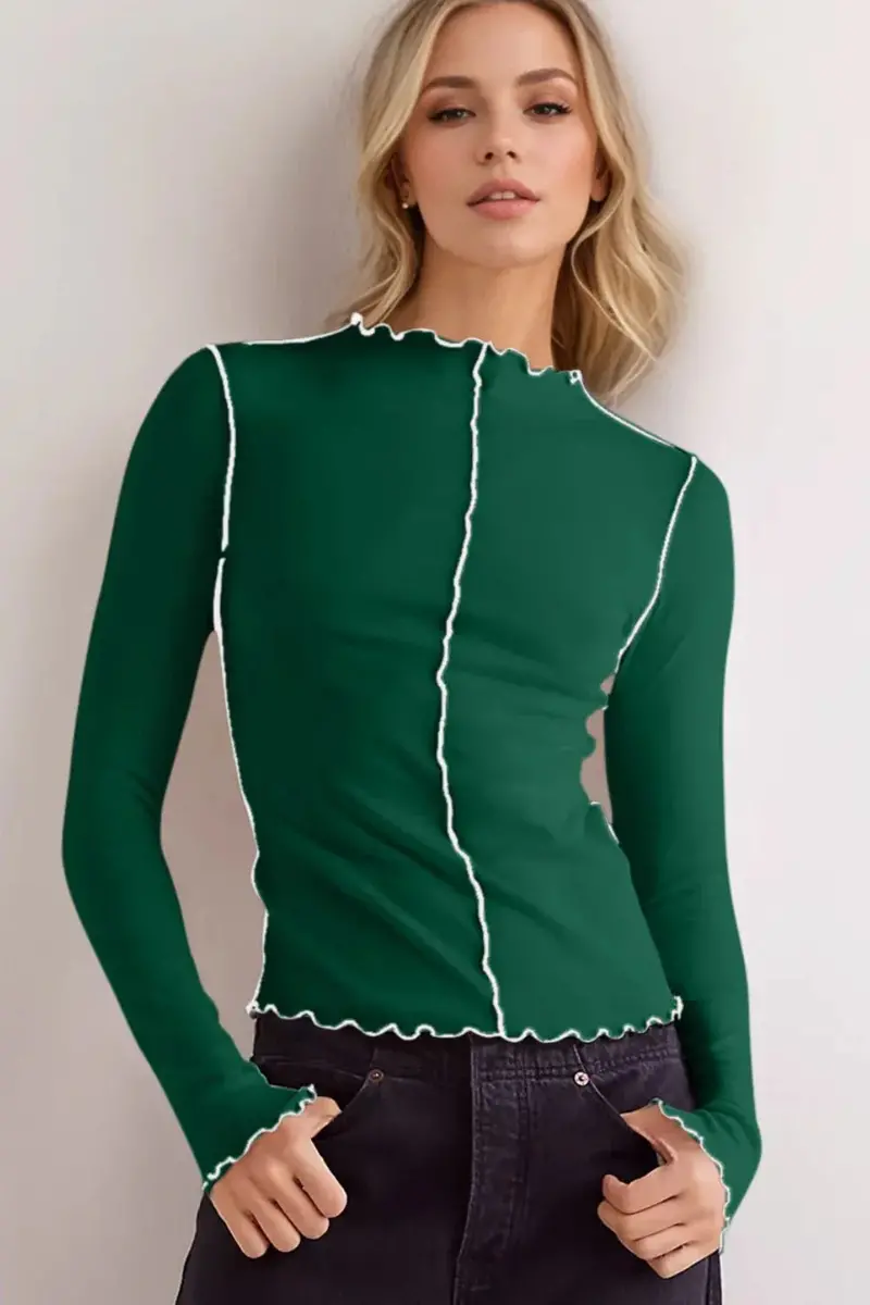 Contrast Trim Mock Neck Long Sleeve T-Shirt 3