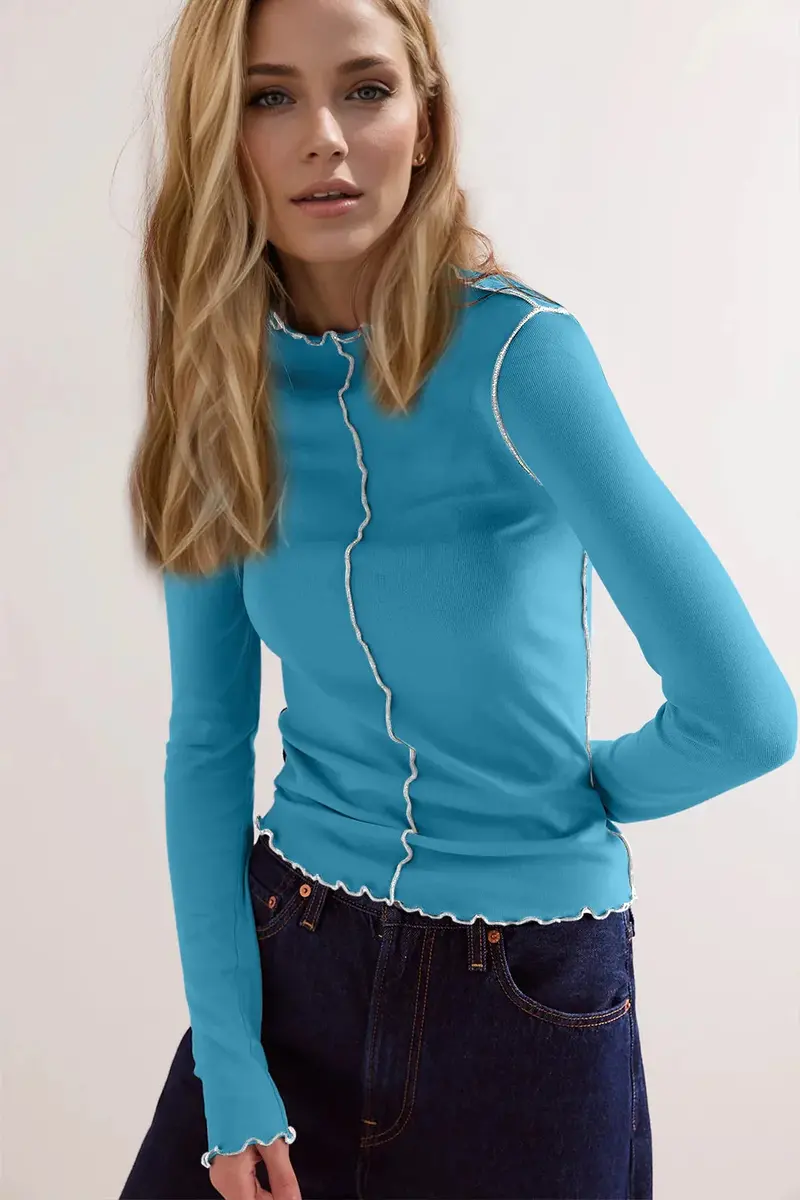 Contrast Trim Mock Neck Long Sleeve T-Shirt 7