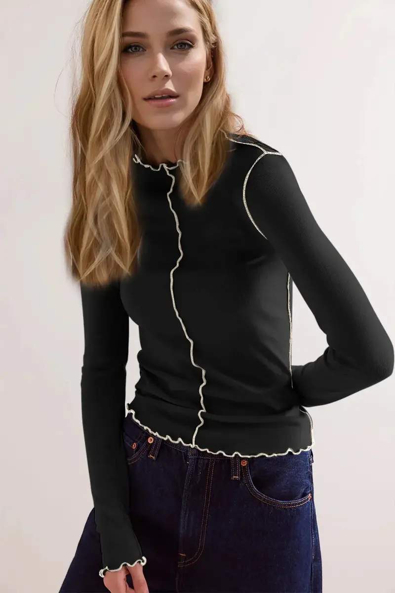 Contrast Trim Mock Neck Long Sleeve T-Shirt 7