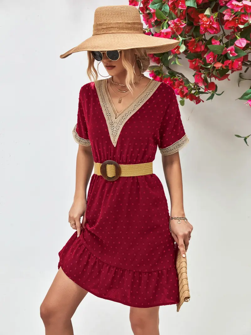 Contrast V-Neck Short Sleeve Mini Dress 1