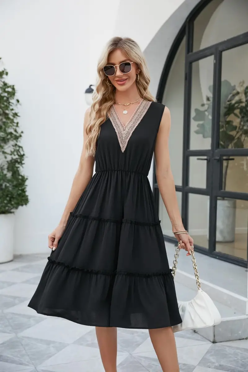 Contrast V-Neck Sleeveless Tiered Dress 7