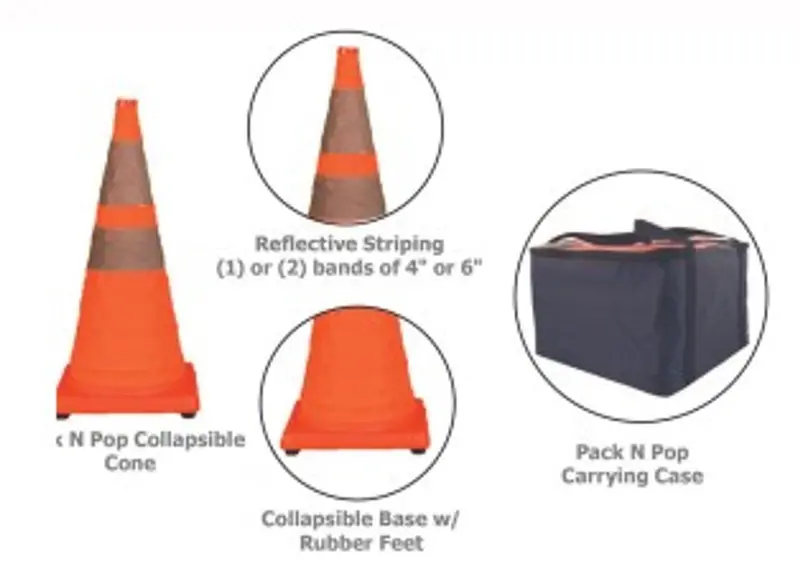 Cortina 28 Collapsible Traffic Cone, 4 Led Lights, Orange, Black Rubber Base, 5/Pack 2