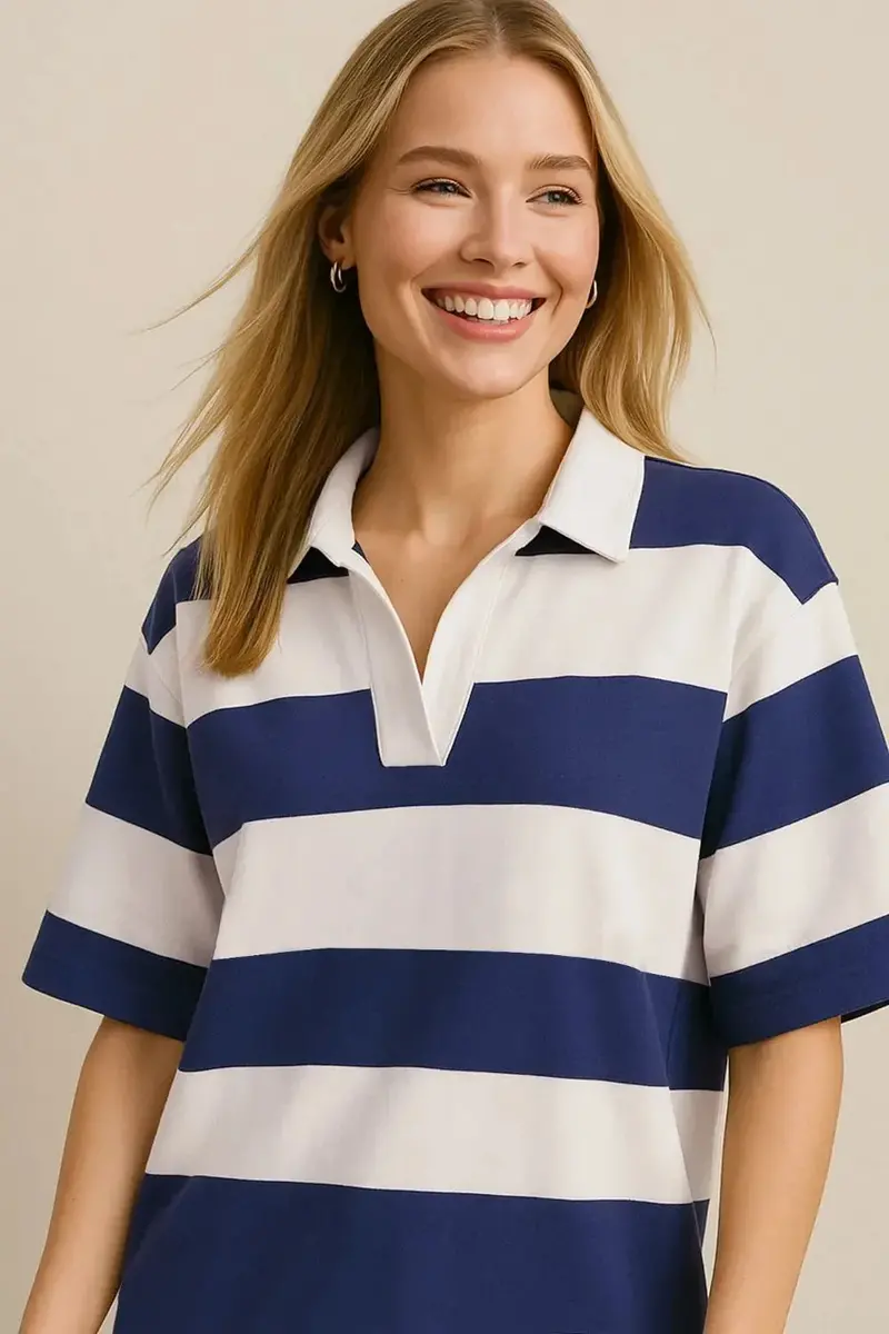 Cotton Wash Color Block Johnny Collar Half Sleeve Top 1