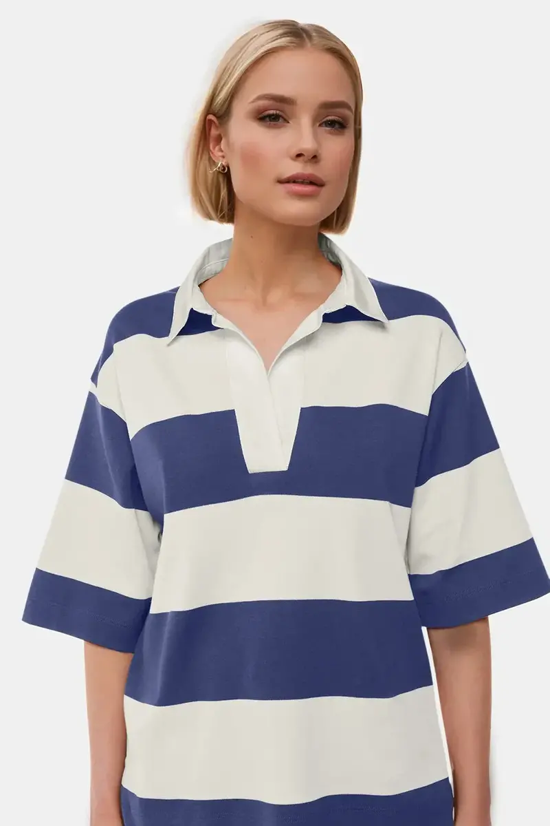 Cotton Wash Color Block Johnny Collar Half Sleeve Top 2