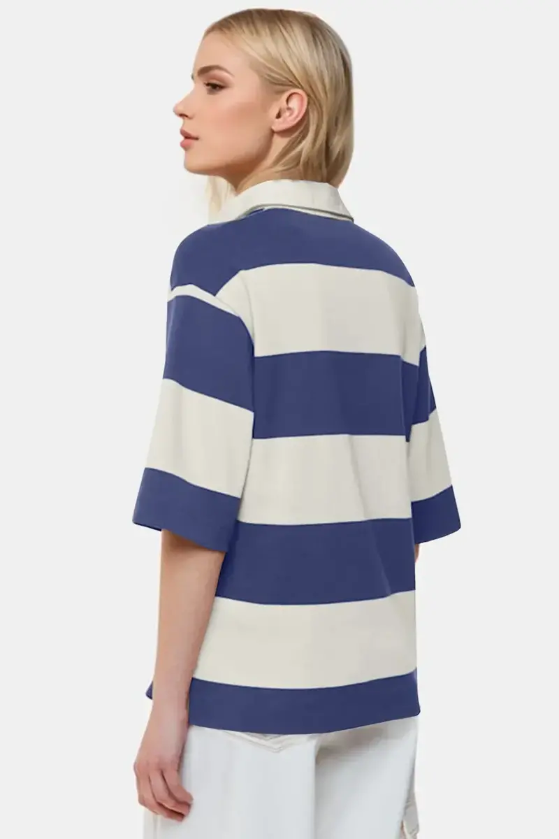 Cotton Wash Color Block Johnny Collar Half Sleeve Top 3