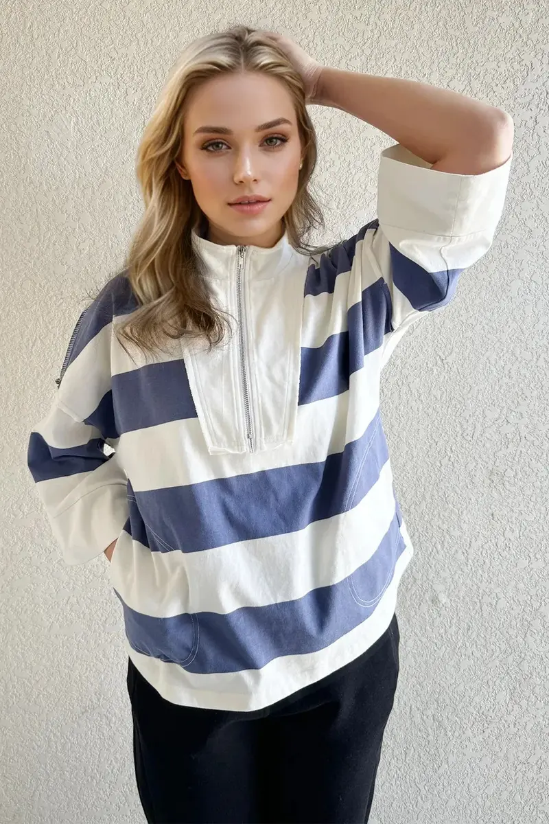 Cotton Wash Striped Half Zip Mock Neck Long Sleeve Top 1