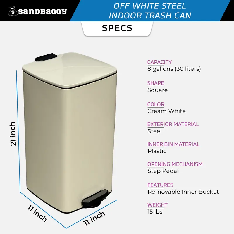 Cream White Steel Step Bin - 8 Gallon Trash Can (21" X 11" X 11") 3
