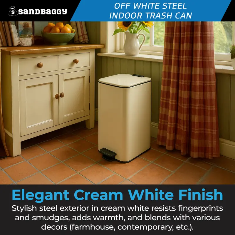 Cream White Steel Step Bin - 8 Gallon Trash Can (21" X 11" X 11") 4