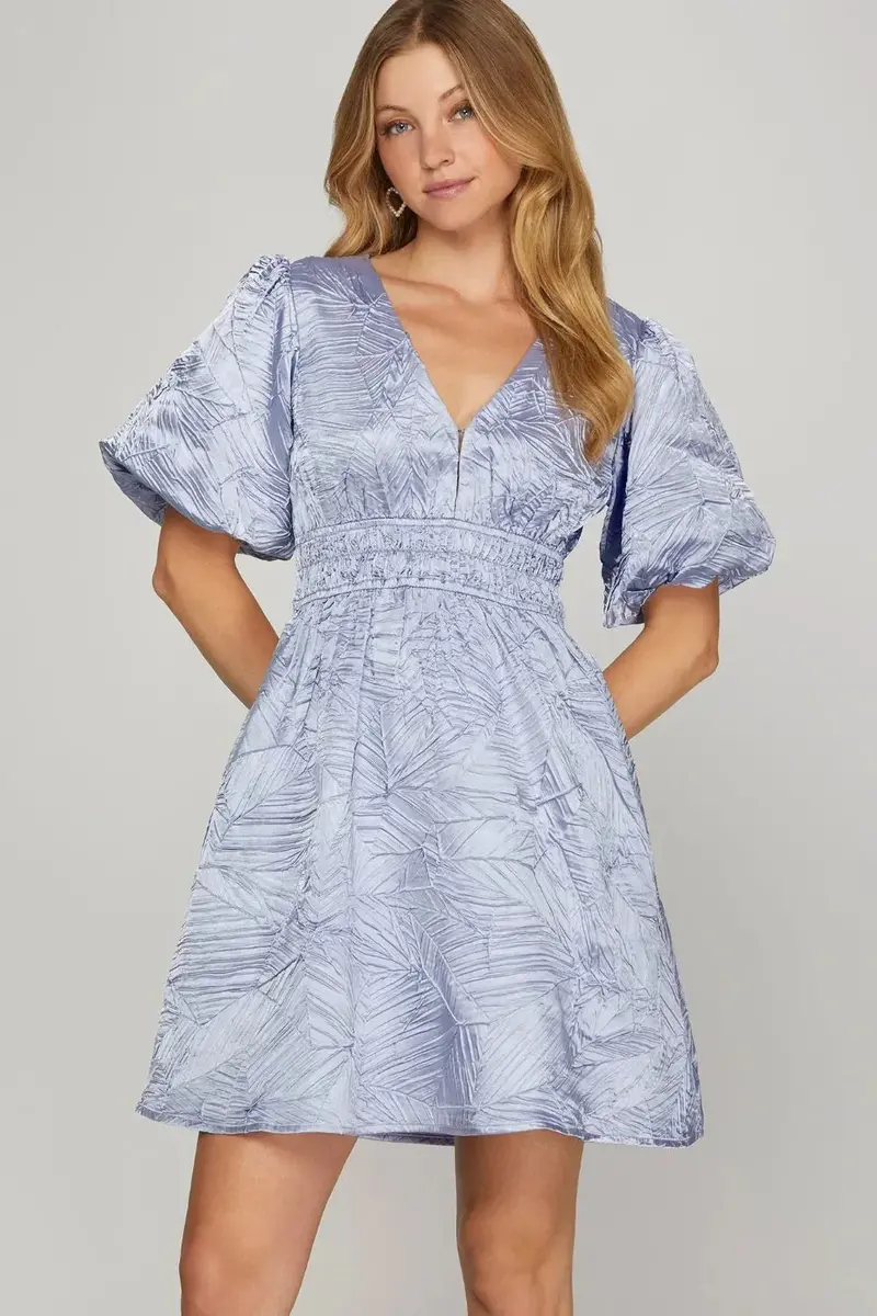 Crinkle Woven V-Neck Balloon Sleeve Mini Dress 1