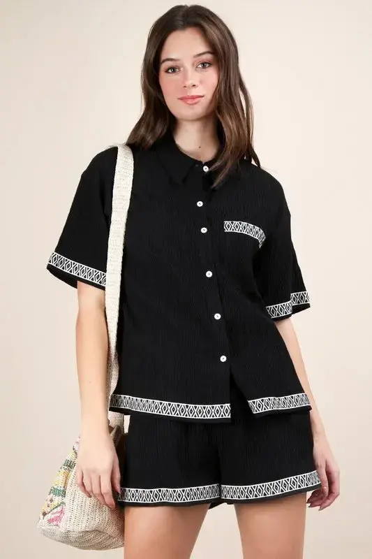 Crinkled Woven Shirt Top & Shorts Set 1