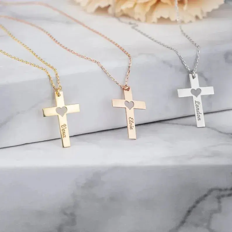 Cross With Hollow Heart Shape, Customizable Name Design, Light Luxury Unique Necklace 1