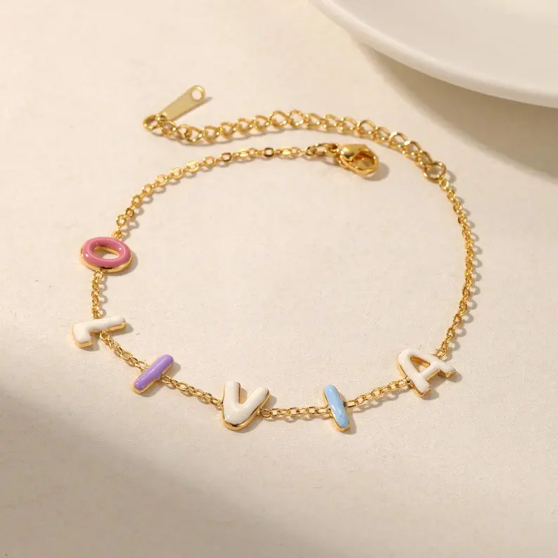 Custom Colorful Enamel Bubble Letter Bracelet 1