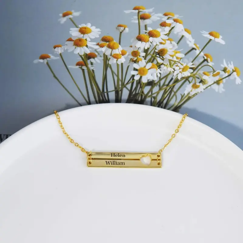 Custom Double Layer Bar Heart Name Necklace 3