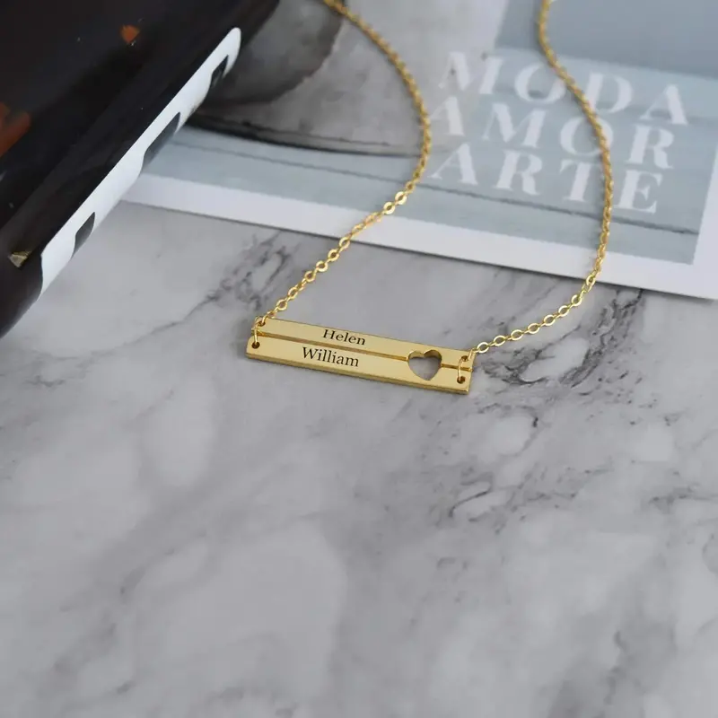 Custom Double Layer Bar Heart Name Necklace 5