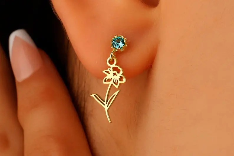 Custom Engraved Script Name Drop Earrings With Flower 1