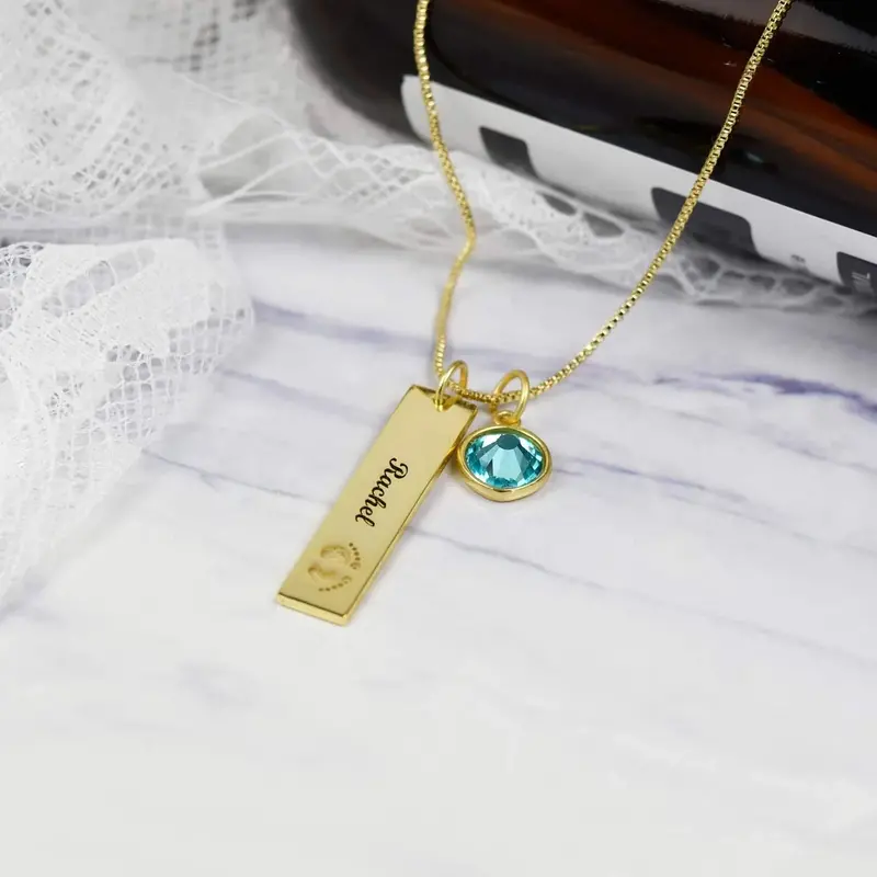 Custom Name Rectangle Graphic Birthstone Necklace 6