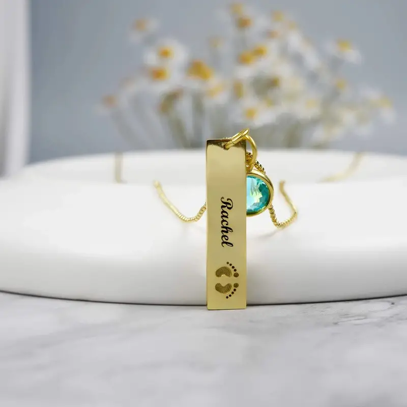 Custom Name Rectangle Graphic Birthstone Necklace 8