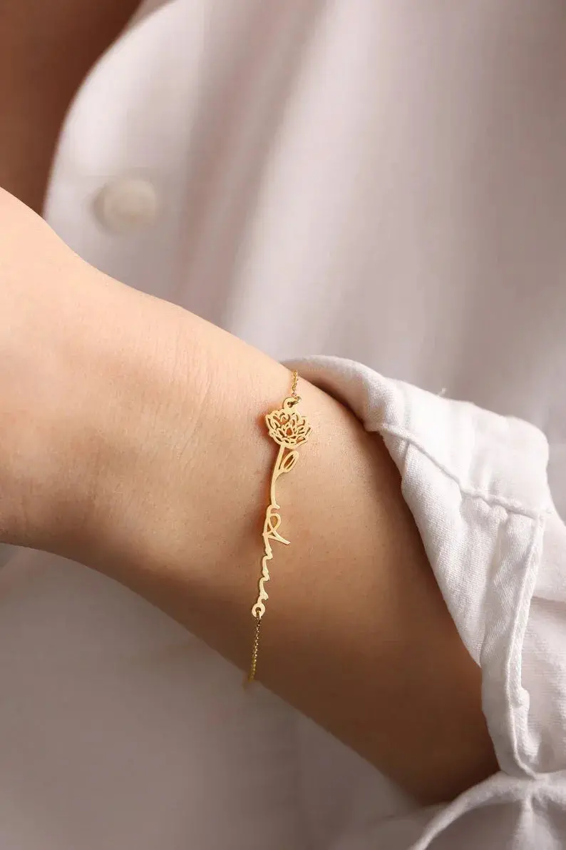 Customized Birth Flower Name Bracelet 1
