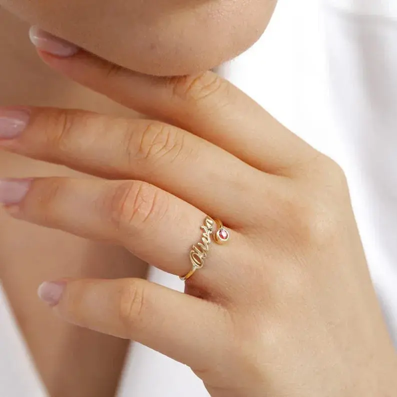 Customized Birthstone Name Open Ring 6